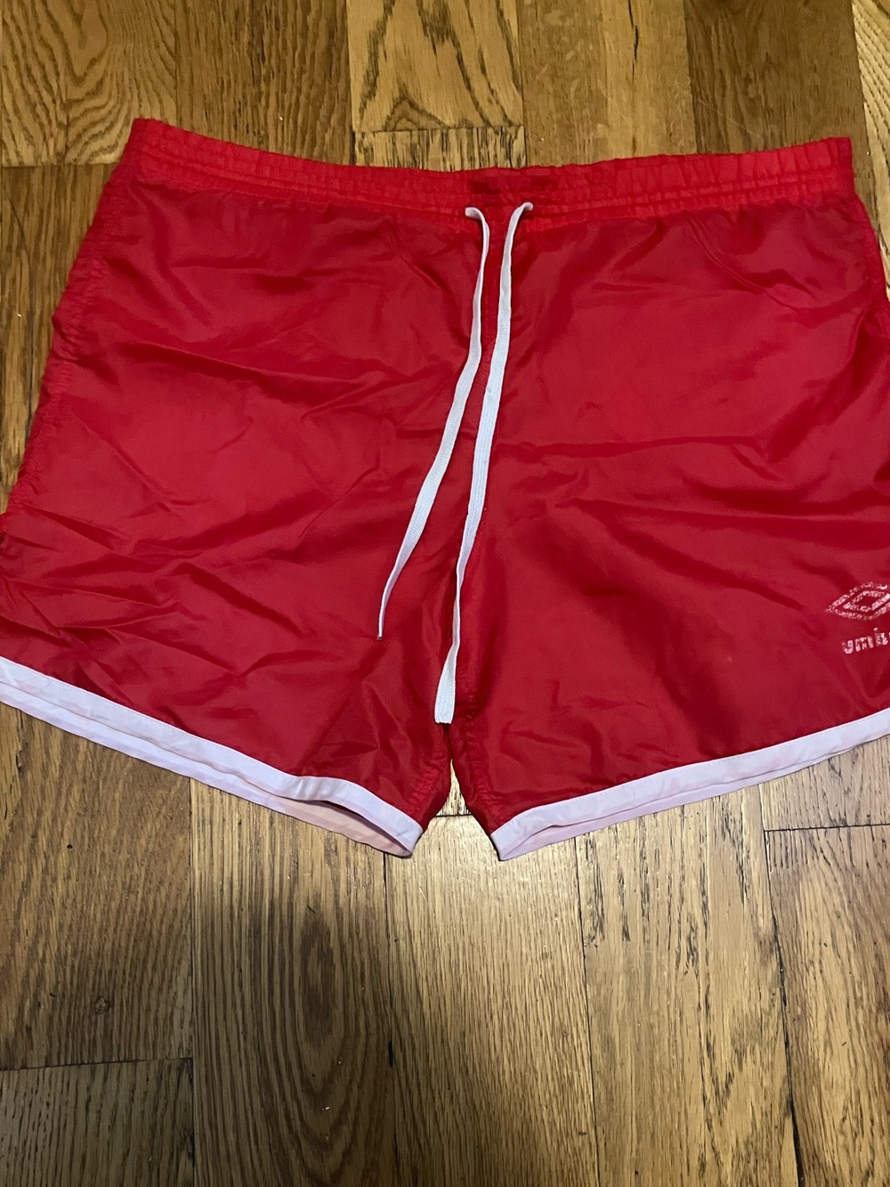 Vintage Umbro Shorts S Small Red White Used Brazil Nylon Running Swim Trunks